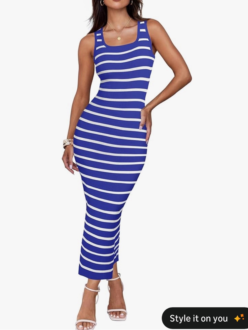 Blue and White striped Square Neck Bodycon Midi Dresses small